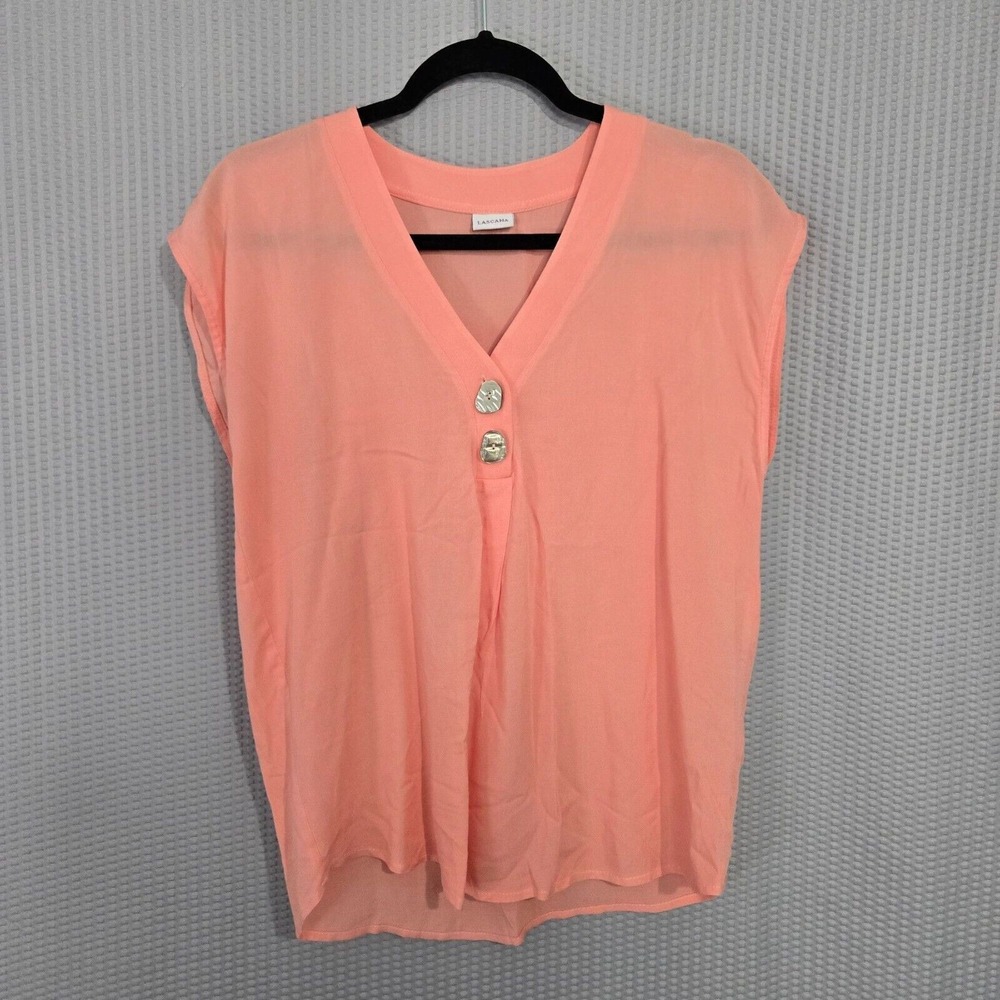 Lascana Womens Sheer Peach Button Front V-Neck Blouse Size S Beachy Lagenlook
